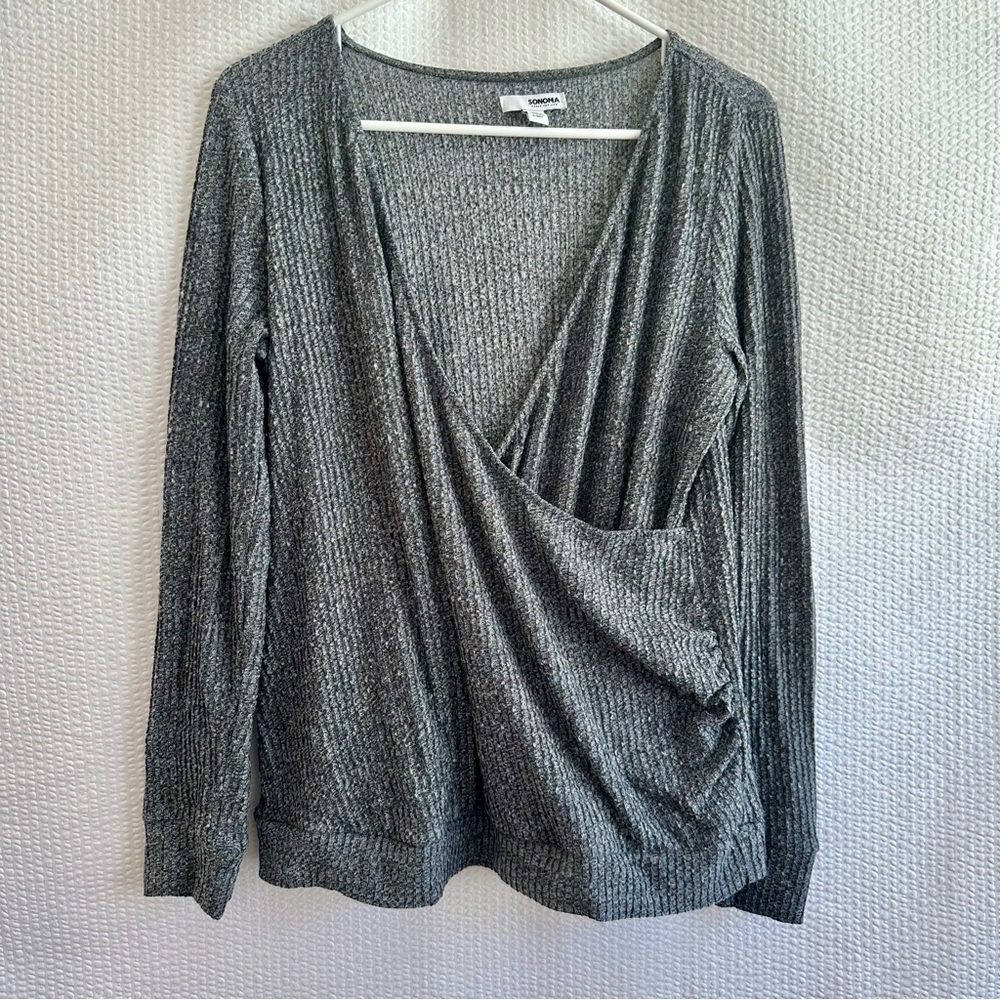 SONOMA Gray Ribbed Wrap Maternity Top Small Long Sleeve Stretch Pregnancy Shirt